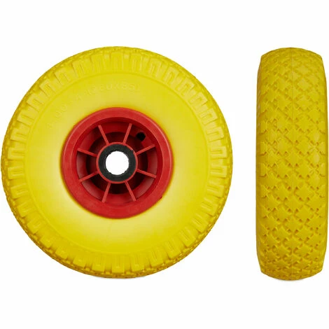 Relaxdays Roue De Brouette, Caoutchouc, 3.00-4", 2x Roue De Rechange, Pour Axe De 25 Mm, 260x85 Mm, Jaune-rouge 2 Relaxdays Roue De Brouette, Caoutchouc, 3.00-4", 2x Roue De Rechange, Pour Axe De 25 Mm, 260x85 Mm, Jaune-rouge – Image 2