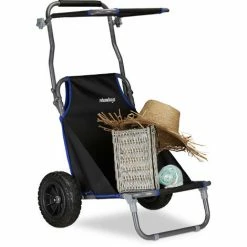 Relaxdays Chariot De Plage Pliant, Chaise De Plage Auvent Roulettes Caoutchouc Transport Transat De Plage 100 Kg, Noir