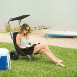 Relaxdays Chariot De Plage Pliant, Chaise De Plage Auvent Roulettes Caoutchouc Transport Transat De Plage 100 Kg, Noir -chariot de jardin Soldes 2024 12953032 3