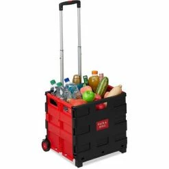 Relaxdays Chariot De Courses Pliable, Poignée, Roulettes En Caoutchouc, 35 Kg, Poussette De Marché, Aluminium, Rouge