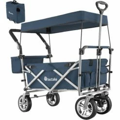 TECTAKE Chariot De Jardin à Main Pliable Nico Avec Sac De Transport Capacité De Charge 80kg - Remorque à Main Pliable, Chariot De Transport Pliable, Chariot De Jardin 4 Roues - Bleu