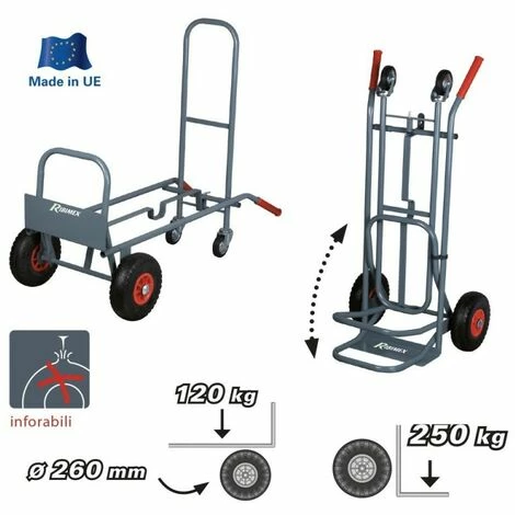 RIBIMEX Chariot Diable 2 Positions, Bavette Fixe Et Rabattable, 4 Roues, 250 Kgs 3 RIBIMEX Chariot Diable 2 Positions, Bavette Fixe Et Rabattable, 4 Roues, 250 Kgs – Image 3