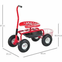 HOMCOM 2 En 1 Tabouret Pivotant Chariot Mobile De Jardin Charge Max. 150 Kg Rouge Et Noir - Rouge -chariot de jardin Soldes 2024 25009049 3