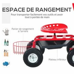 HOMCOM 2 En 1 Tabouret Pivotant Chariot Mobile De Jardin Charge Max. 150 Kg Rouge Et Noir - Rouge -chariot de jardin Soldes 2024 25009049 4
