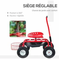 HOMCOM 2 En 1 Tabouret Pivotant Chariot Mobile De Jardin Charge Max. 150 Kg Rouge Et Noir - Rouge -chariot de jardin Soldes 2024 25009049 5