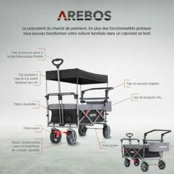 AREBOS Chariot De Jardin Pliable De Première Qualité Avec Toit Noir/Gris - Noir -chariot de jardin Soldes 2024 26925277 3