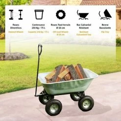 SOLDELA Chariot De Jardin à Main 75L Benne Basculante - Capacité De Charge Max 250Kg - 4 Roues Ø 260 Mm - Métal Galvanisé -chariot de jardin Soldes 2024 33217157 3