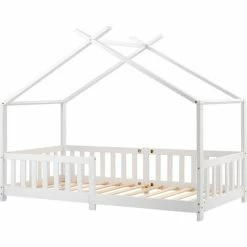 ORGANNICE Beau Lit Maison, Lit Bébé, Bois Massif Avec Clôture Et Sommier à Lattes, Avec Protection Antichute Pour Chambres D'enfants Et De Jeunes, Blanc (200x90cm) - Blanc -chariot de jardin Soldes 2024 46225560 4