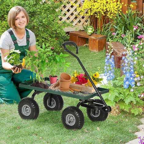 Outsunny Chariot De Transport Jardin Remorque à Main Charrette à Bras 4 Roues 94L X 48,5l X 100H Cm Charge Max. 150 Kg Métal Vert 4 Outsunny Chariot De Transport Jardin Remorque à Main Charrette à Bras 4 Roues 94L X 48,5l X 100H Cm Charge Max. 150 Kg Métal Vert – Image 4