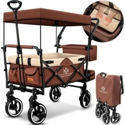 KESSER® Chariot De Transport Pliable GTS-9100 Avec Toit Chariot à Bras Chariot De Transport Pliable 2x Systèmes De Harnais à 3 points Inclus Pneus Pleins 360° Et Rallonge Intérieure Freins Avant Et Arrière + Sac De Transport, Beige Marron