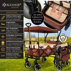 KESSER® Chariot De Transport Pliable GTS-9100 Avec Toit Chariot à Bras Chariot De Transport Pliable 2x Systèmes De Harnais à 3 points Inclus Pneus Pleins 360° Et Rallonge Intérieure Freins Avant Et Arrière + Sac De Transport, Beige Marron -chariot de jardin Soldes 2024 52548563 3
