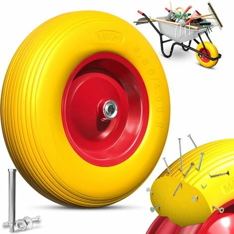 MASKO® Roue De Brouette PU En Caoutchouc Plein 200 Kg Increvable 4,80/4,00-8 Ø 390 Mm Incl. Essieu Roue De Remplacement Roue En Caoutchouc Jante En Acier Pneu Increvable Pour Brouette Brouette De Jardin Roue En PU Increvable, Jaune Rouge 1 MASKO® Roue De Brouette PU En Caoutchouc Plein 200 Kg Increvable 4,80/4,00-8 Ø 390 Mm Incl. Essieu Roue De Remplacement Roue En Caoutchouc Jante En Acier Pneu Increvable Pour Brouette Brouette De Jardin Roue En PU Increvable, Jaune Rouge