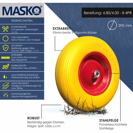 MASKO® Roue De Brouette PU En Caoutchouc Plein 200 Kg Increvable 4,80/4,00-8 Ø 390 Mm Incl. Essieu Roue De Remplacement Roue En Caoutchouc Jante En Acier Pneu Increvable Pour Brouette Brouette De Jardin Roue En PU Increvable, Jaune Rouge 2 MASKO® Roue De Brouette PU En Caoutchouc Plein 200 Kg Increvable 4,80/4,00-8 Ø 390 Mm Incl. Essieu Roue De Remplacement Roue En Caoutchouc Jante En Acier Pneu Increvable Pour Brouette Brouette De Jardin Roue En PU Increvable, Jaune Rouge – Image 2