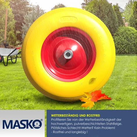 MASKO® Roue De Brouette PU En Caoutchouc Plein 200 Kg Increvable 4,80/4,00-8 Ø 390 Mm Incl. Essieu Roue De Remplacement Roue En Caoutchouc Jante En Acier Pneu Increvable Pour Brouette Brouette De Jardin Roue En PU Increvable, Jaune Rouge 5 MASKO® Roue De Brouette PU En Caoutchouc Plein 200 Kg Increvable 4,80/4,00-8 Ø 390 Mm Incl. Essieu Roue De Remplacement Roue En Caoutchouc Jante En Acier Pneu Increvable Pour Brouette Brouette De Jardin Roue En PU Increvable, Jaune Rouge – Image 5
