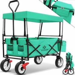 KESSER® Chariot De Transport Pliable Avec Toit | Charrette à Bras | Chariot à Roulettes | Remorque De Transport | 2 Poches En Mesh Et Une Poche Extérieure Fournies | Pliable | Pneus Pleins En Caoutchouc , Menthe Verte