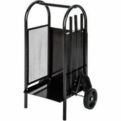 TECTAKE Chariot à Bûches, Chariot à Bois, Panier En Métal, Porte Et Range Bâche Sur Roulette Avec Pelle, Balai Et Tisonnier - Noir