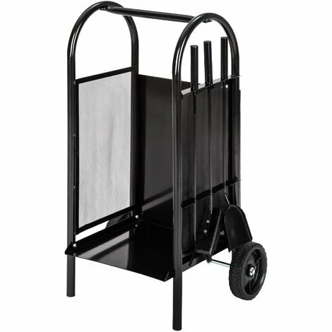 TECTAKE Chariot à Bûches, Chariot à Bois, Panier En Métal, Porte Et Range Bâche Sur Roulette Avec Pelle, Balai Et Tisonnier - Noir 1 TECTAKE Chariot à Bûches, Chariot à Bois, Panier En Métal, Porte Et Range Bâche Sur Roulette Avec Pelle, Balai Et Tisonnier - Noir