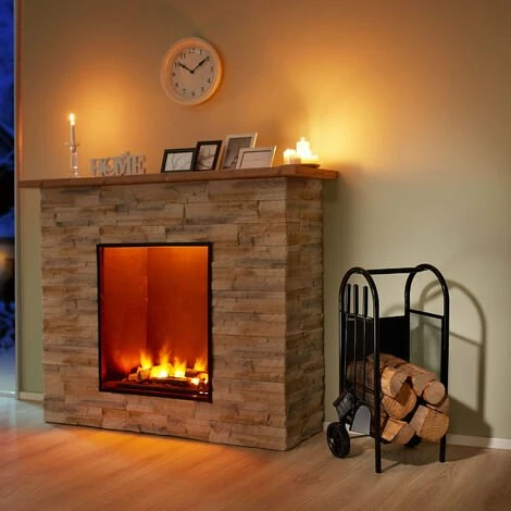 TECTAKE Chariot à Bûches, Chariot à Bois, Panier En Métal, Porte Et Range Bâche Sur Roulette Avec Pelle, Balai Et Tisonnier - Noir 2 TECTAKE Chariot à Bûches, Chariot à Bois, Panier En Métal, Porte Et Range Bâche Sur Roulette Avec Pelle, Balai Et Tisonnier - Noir – Image 2