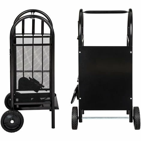 TECTAKE Chariot à Bûches, Chariot à Bois, Panier En Métal, Porte Et Range Bâche Sur Roulette Avec Pelle, Balai Et Tisonnier - Noir 4 TECTAKE Chariot à Bûches, Chariot à Bois, Panier En Métal, Porte Et Range Bâche Sur Roulette Avec Pelle, Balai Et Tisonnier - Noir – Image 4